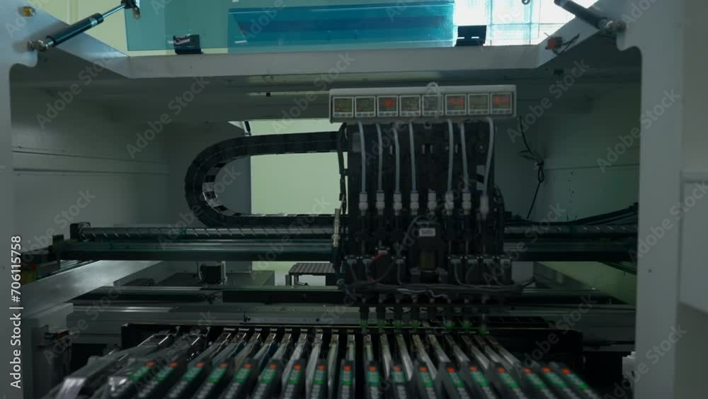 Poster automatic pick and place machine is installing components on circuit board. creative. assembly line 