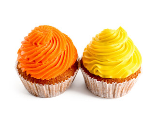 Tasty colorful cupcakes on white background