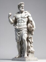 A statue of a Greek-style middle-aged man with a long beard and hair wearing a cloth robe with clasped hands