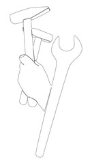 One continuous line of Hammer and Wrench. Thin Line work tools Illustration vector concept. Contour Drawing Creative ideas.