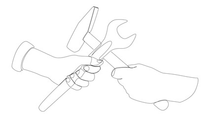 One continuous line of Hammer and Wrench. Thin Line work tools Illustration vector concept. Contour Drawing Creative ideas.