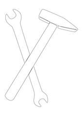 One continuous line of Hammer and Wrench. Thin Line work tools Illustration vector concept. Contour Drawing Creative ideas.