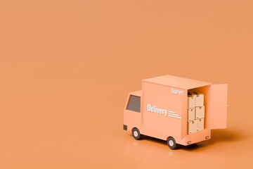 3D orange truck delivery back door open with parcelbox delivery icon. online shopping or E-commerce concept. Minimal Cartoon icon design isolated on orange background. banner, copy space. 3D Rendering