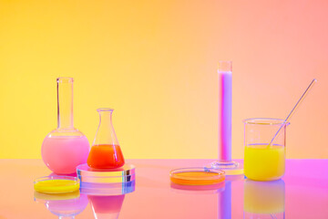Test tube, erlenmeyer flask, beaker, petri dish, high neck flask and transparent glass podium on gradient background. Empty space for product display.