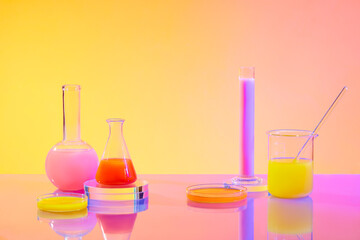 Test tube, erlenmeyer flask, beaker, petri dish, high neck flask and transparent glass podium on...