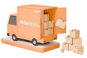 3D orange truck delivery back door open with parcelbox delivery icon. online shopping or E-commerce concept. Minimal Cartoon icon design isolated on orange background. banner, copy space. 3D Rendering