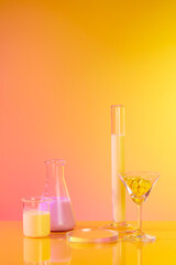 Round podium placed in the middle with few laboratory glassware and a cocktail glass containing yellow pills surrounded. Realistic podium museum, blank pedestal