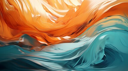 Radiant waves of tangerine and turquoise liquid colliding and splashing, creating a breathtaking display of fluid motion in a high-resolution 3D environment.