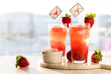 Refreshing homemade strawberry lemonade with bubble pearls, for Valentine's Day.