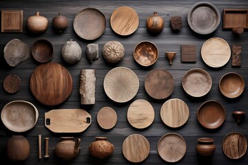 Rough-hewn wooden boards forming a backdrop for a curated collection of artisanal pottery, top view.