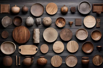 Photo sur Plexiglas Texture du bois de chauffage Rough-hewn wooden boards forming a backdrop for a curated collection of artisanal pottery, top view.