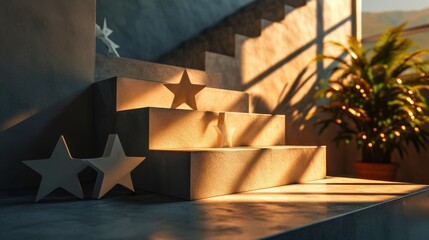 3D rendering of Stair shape with the five star symbol. The best rating, the best ranking, the best service, goal, success concept. 3d