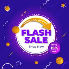 Flash Sale Gradient colorful sale background with discount up to 15%. Special Offer. Vector illustration. Shop Now. Get discount 15%.