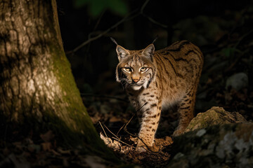 Naklejka na ściany i meble The stealthy presence of a Bobcat amidst the shadows of the forest