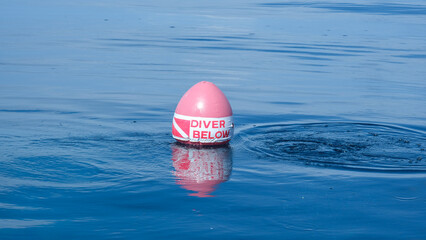 Ocean view of scuba diving red surface marker float buoy with diver below warning message and bubbles from divers 