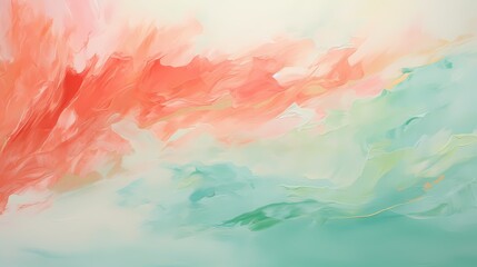 Fototapeta na wymiar Lively brushstrokes of coral and seafoam green converging, forming an ocean of abstract delight.
