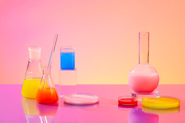 Lab setting with glassware holding colorful liquids on a pink-orange gradient background. Front view, ideal space for advertising and product development.