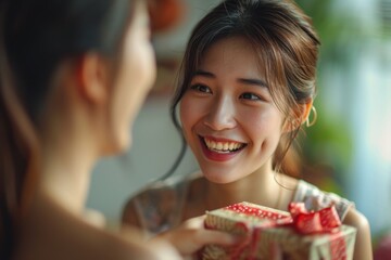 Excited Asian woman receives surprise gift from girlfriend at home Give a birthday present Birthday gift, New Year's Day