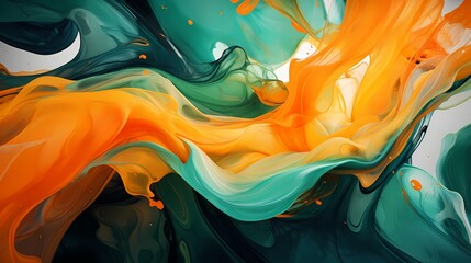Luminescent orange and emerald green liquids colliding and intertwining, creating a surreal dance of color and movement in a high-definition 3D abstract space.