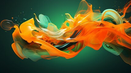 Obraz na płótnie Canvas Luminescent orange and emerald green liquids colliding and intertwining, creating a surreal dance of color and movement in a high-definition 3D abstract space.