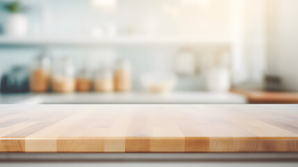 Empty beautiful wood table top counter and blur bokeh modern kitchen interior background in clean and bright,Banner, Ready for product montage. Generative AI illustration - obrazy, fototapety, plakaty