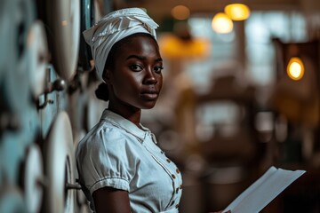Portrait of African-American maid in white uniform holding notes - obrazy, fototapety, plakaty