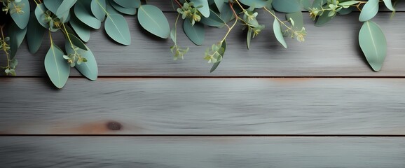 Fresh eucalyptus branches arranged elegantly on a rustic wooden background with minimal surroundings. Flat lay, top view, copy space.