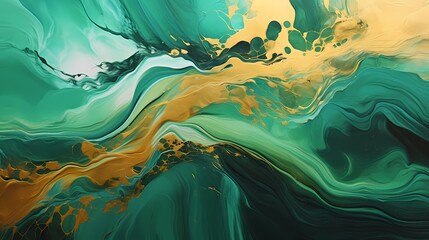 Liquid gold and emerald green waves swirling and splashing against a vibrant 3D canvas, creating a visually stunning abstract composition in high-definition.