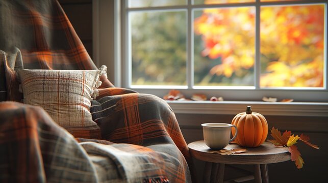 A cozy reading nook with a plaid blanket, a side table holding a mug of warm tea, and a small pumpkin for added charm