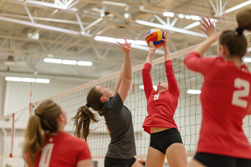 women volleyball players hit the ball using a spiked net