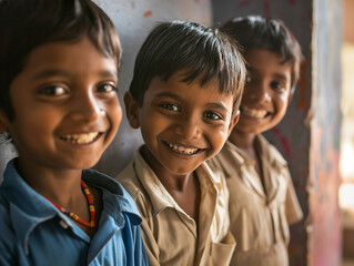 candit shot of happy indian children playful with friend in school