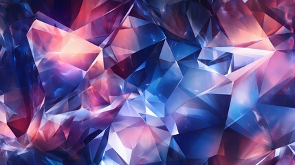Gleaming abstract crystal facets reflecting light in a macro panorama, wide panoramic polygonal wallpaper.