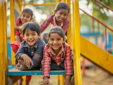 candit shot of happy indian children playful with friend at school playground