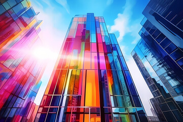 colorful skyscrapers in the city from low angle