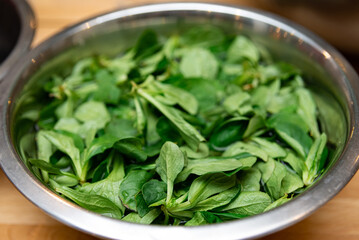 Fresh Spinach Leaves in a Stainless Steel Bowl. A bowl of vibrant green spinach leaves, freshly...