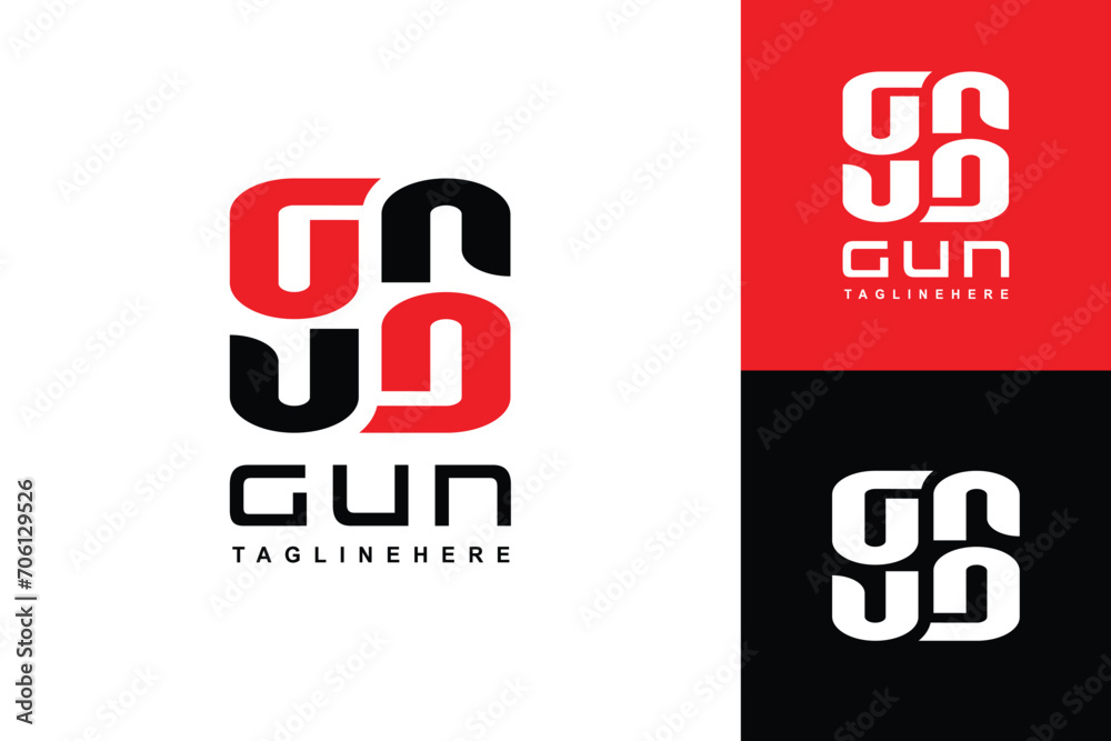 Poster gun ambigram logo combination red and black color letter design vector illustration