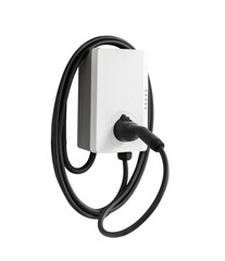 Electric car small home wall charger with cable. Fast smart intelligent wallbox ev charging station. Isolated on transparent background png file.