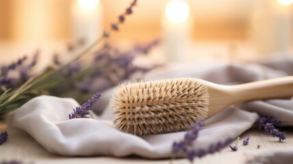 Fototapeta na wymiar Closeup of a wooden hair brush with natural bamboo bristles, resting on a bed of dried lavender buds.