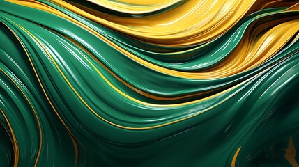 Liquid gold and emerald green waves swirling and splashing against a vibrant 3D canvas, creating a visually stunning abstract composition in high-definition.