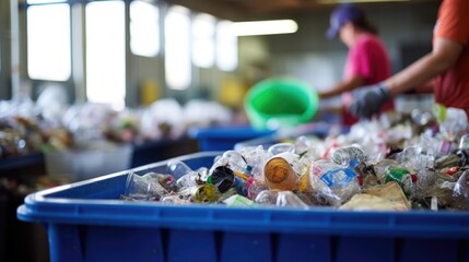 Closeup of a communityrun recycling center sorting through various items.