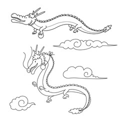 玉を持つかわいい龍と雲（モノクロ,線画）