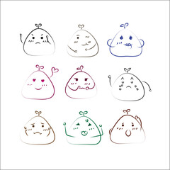 Cute mochi set. Cartoon color characters with kawaii faces. Japanese sweet rice