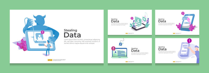 password phishing attack and stealing personal data concept bundle set. internet security for web landing page, banner, presentation, social, and print media template. Vector illustration