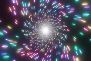 中央の光からカラフルな光の粒子が螺旋状に放射されているイメージ
