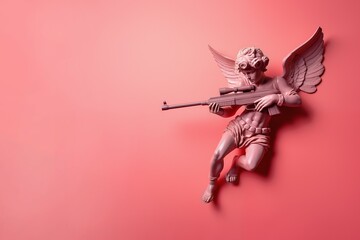 Sculpture of angel with gun in hands on pastel pink background. Cupid angel statue with rifle. Copy space for text. For banner, card. concept of love and Valentine's day - obrazy, fototapety, plakaty