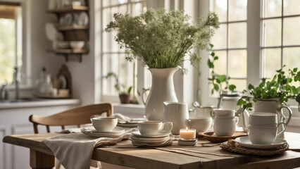 Fototapeta premium photos capturing the tranquil and inviting atmosphere of farmhouse kitchen table during morning rituals