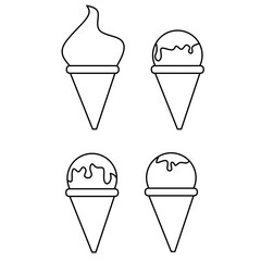 Ice cream cone line art black and white icon set. Suitable for coloring book pages for adults and children. Summer fast food vector illustration for gift card, flyer, certificate banner, logo, patch, 