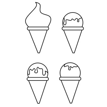 Ice cream cone line art black and white icon set. Suitable for coloring book pages for adults and children. Summer fast food vector illustration for gift card, flyer, certificate banner, logo, patch, 