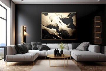 Liquid gold and midnight black blend harmoniously, forming a celestial abstract landscape on canvas.