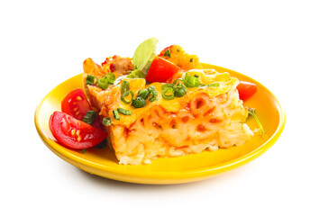Plate of pasta with tomato sauce and cheese on grey background